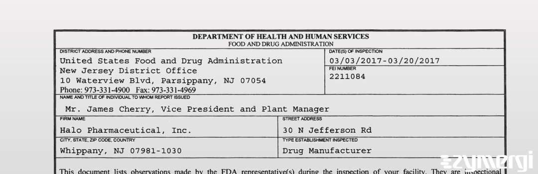 FDANews 483 Halo Pharmaceutical, Inc. Mar 20 2017 top
