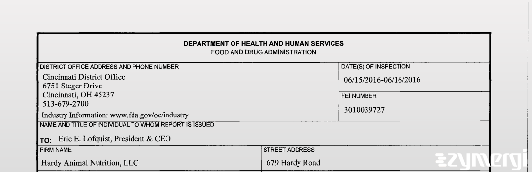 FDANews 483 Hardy Animal Nutrition LLC Jun 16 2016 top