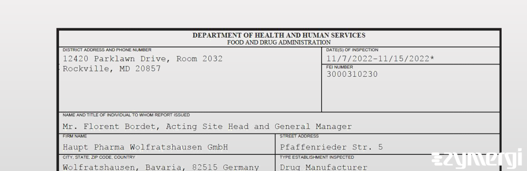 FDANews 483 Haupt Pharma Wolfratshausen GmbH Nov 15 2022 top