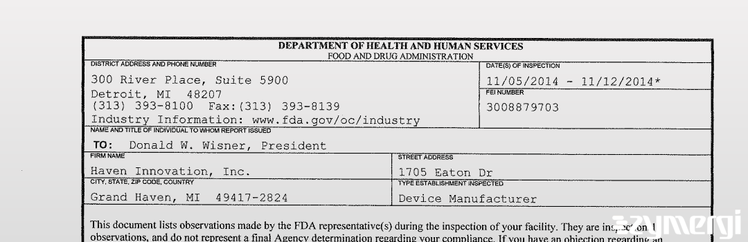 FDANews 483 Haven Innovation, Inc. Nov 12 2014 top