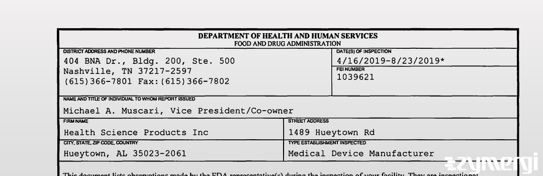 FDANews 483 Health Science Products Inc Aug 23 2019 top