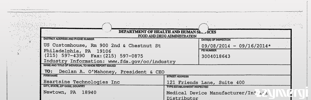 FDANews 483 Heartsine Technologies Inc Sep 16 2014 top
