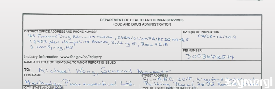 FDANews 483 Herbalgy Pharmaceutical Ltd. Jul 12 2019 top