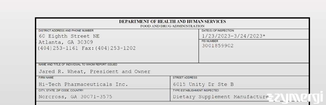 FDANews 483 Hi-Tech Pharmaceuticals Inc. Mar 24 2023 top