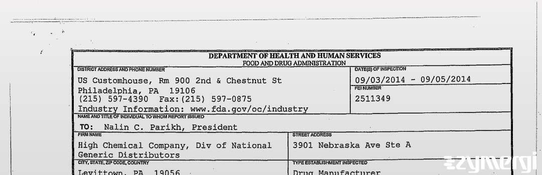 FDANews 483 High Chemical Company, Div of National Generic Distributors Sep 5 2014 top