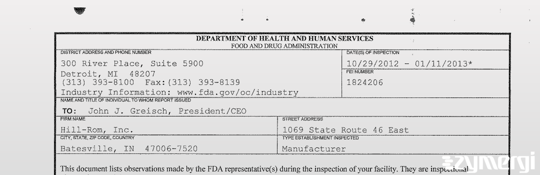 FDANews 483 Hill-Rom, Inc. Jan 11 2013 top