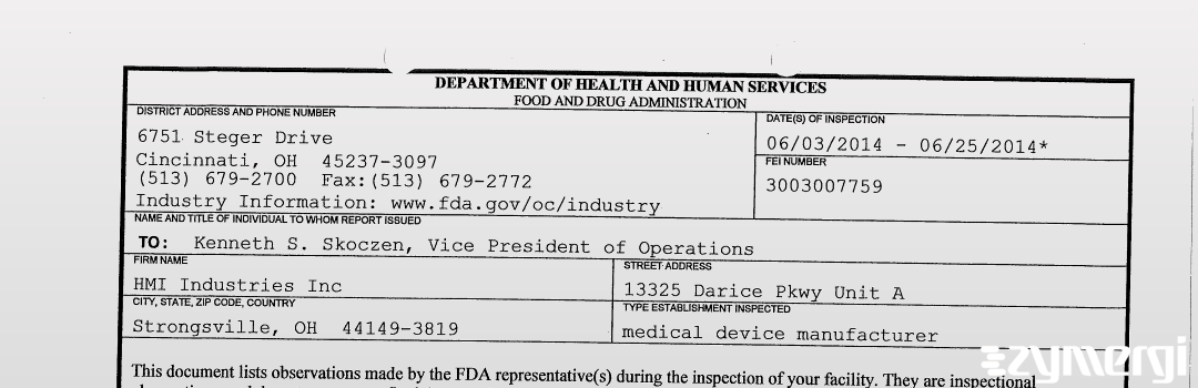 FDANews 483 HMI Industries Inc Jun 25 2014 top
