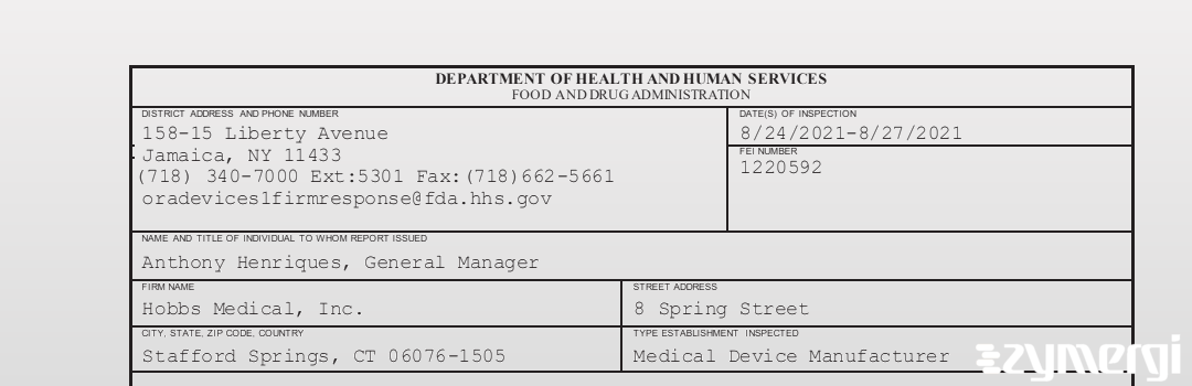 FDANews 483 Hobbs Medical, Inc. Aug 27 2021 top