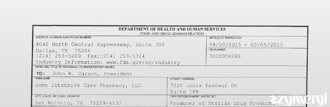 FDANews 483 Home Intensive Care Pharmacy, LLC May 5 2015 top