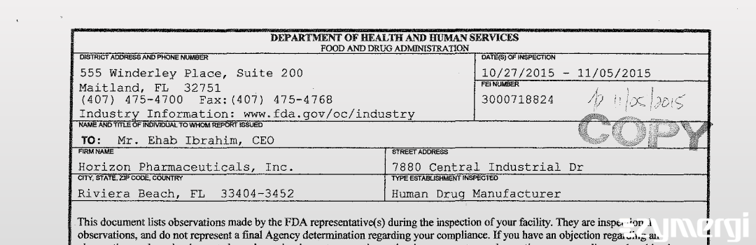 FDANews 483 Horizon Pharmaceuticals, Inc. Nov 5 2015 top