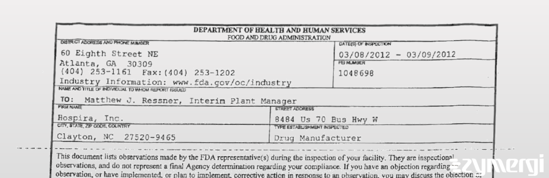 FDANews 483 Hospira, Inc. Mar 9 2012 top