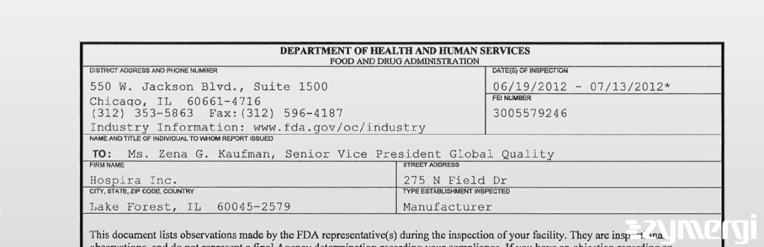 FDANews 483 Hospira, Inc. Jul 13 2012 top