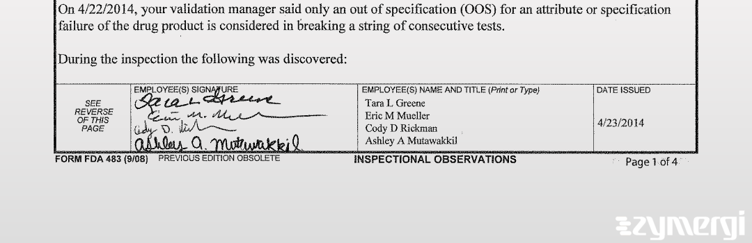 Cody D. Rickman FDA Investigator Ashley A. Mutawakkil FDA Investigator Eric M. Mueller FDA Investigator Tara L. Greene FDA Investigator