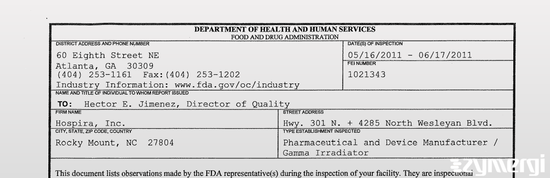 FDANews 483 Hospira, Inc. Jun 17 2011 top