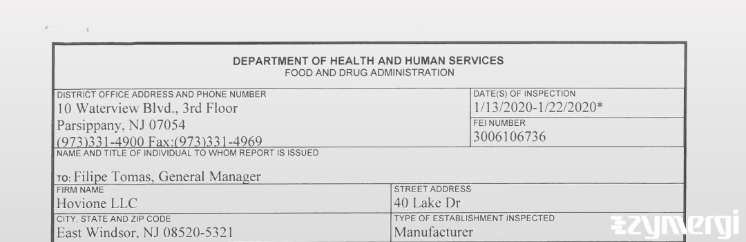 FDANews 483 Hovione LLC Jan 22 2020 top