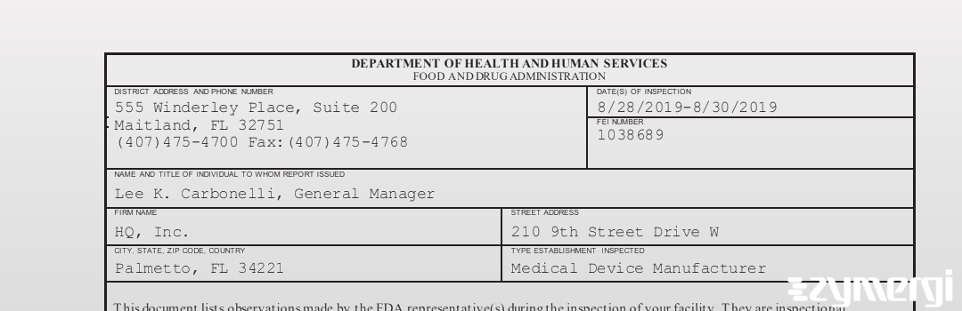 FDANews 483 HQ, Inc. Aug 30 2019 top