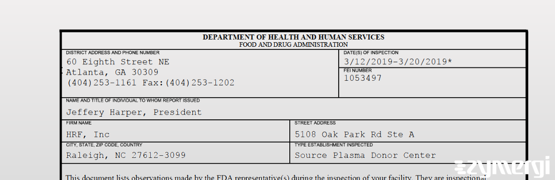 FDANews 483 HRF, Inc Mar 20 2019 top