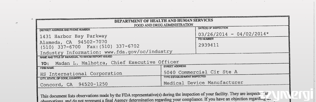 FDANews 483 HS International Corporation Apr 2 2014 top