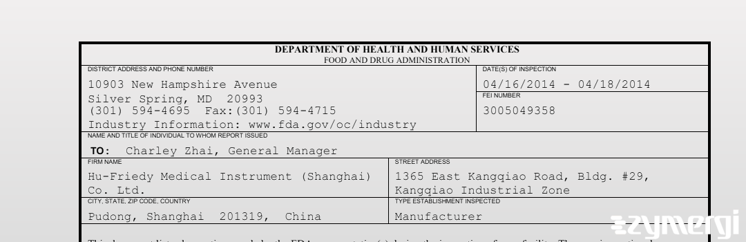 FDANews 483 Hu-Friedy Medical Instrument (Shanghai) Co. Ltd. Apr 18 2014 top