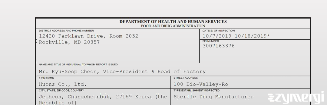 FDANews 483 Huons Co., Ltd. Oct 18 2019 top