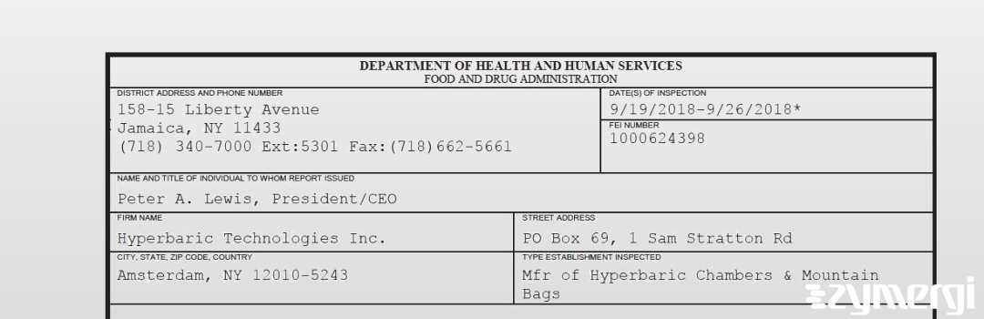 FDANews 483 Hyperbaric Technologies Inc. Sep 26 2018 top