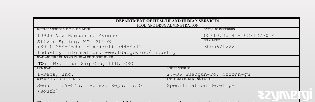 FDANews 483 I-Sens, Inc. Feb 12 2014 top