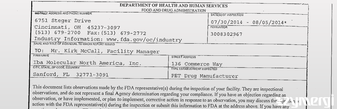 FDANews 483 Iba Molecular North America, Inc. Aug 5 2014 top