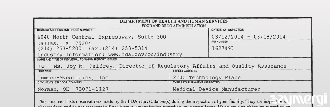 FDANews 483 Immuno-Mycologics, Inc Mar 18 2014 top