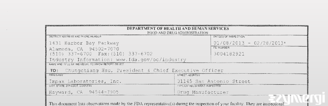 FDANews 483 Impax Laboratories, Inc. Feb 28 2013 top