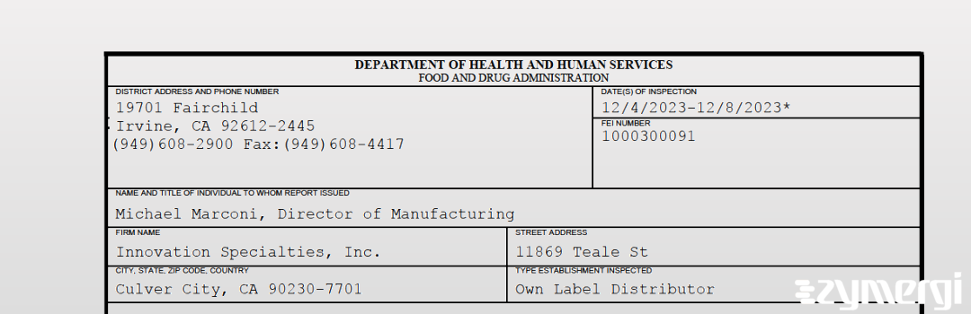 FDANews 483 Innovation Specialties, Inc. Dec 8 2023 top