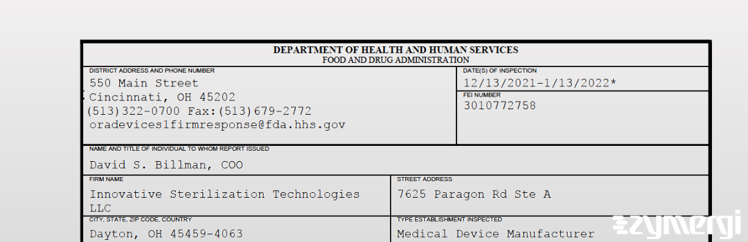FDANews 483 Innovative Sterilization Technologies LLC Jan 13 2022 top