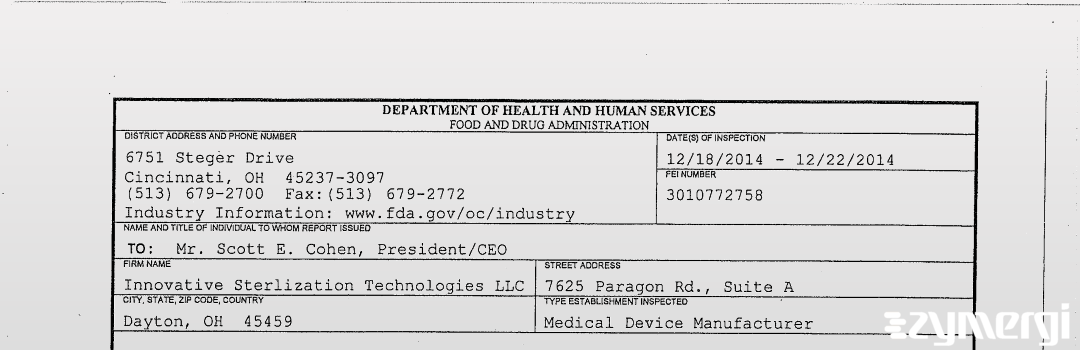 FDANews 483 Innovative Sterlization Technologies LLC Dec 22 2014 top