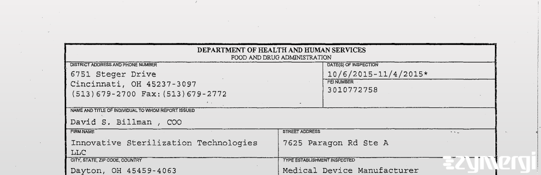 FDANews 483 Innovative Sterlization Technologies LLC Nov 4 2015 top