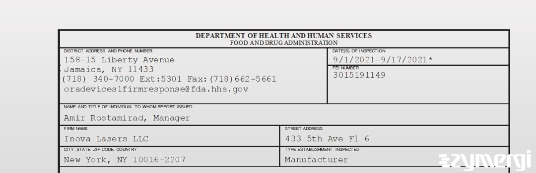 FDANews 483 Inova Lasers LLC Sep 17 2021 top