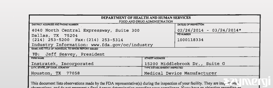 FDANews 483 Instratek, Incorporated Mar 24 2014 top