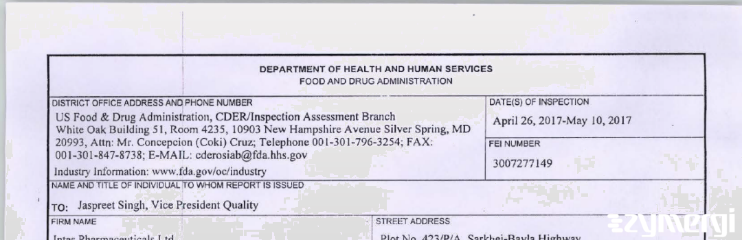 FDANews 483 Intas Pharmaceuticals Limited May 10 2017 top