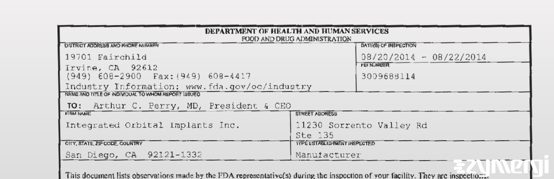 FDANews 483 Integrated Orbital Implants Inc. Aug 22 2014 top