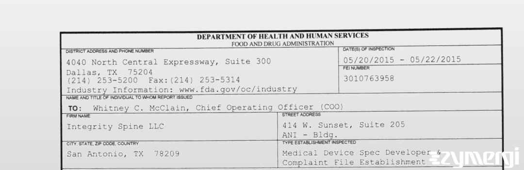 FDANews 483 Integrity Spine LLC May 22 2015 top