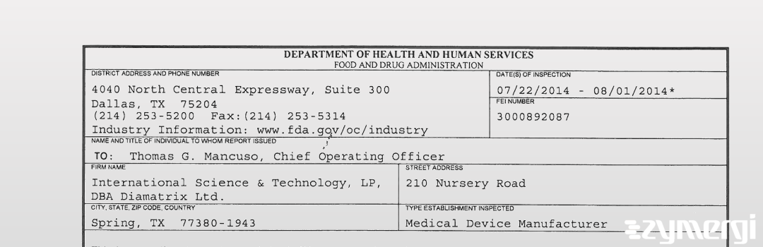 FDANews 483 International Science & Technology, LP, DBA Diamatrix Ltd. Aug 1 2014 top