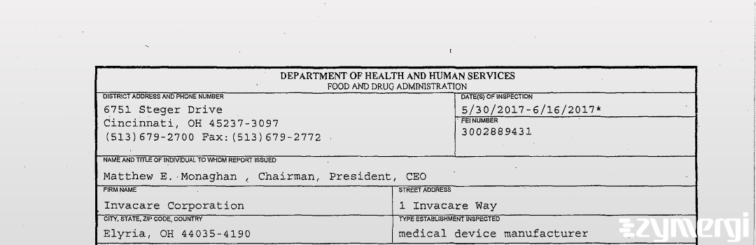 FDANews 483 Invacare Corporation Jun 16 2017 top