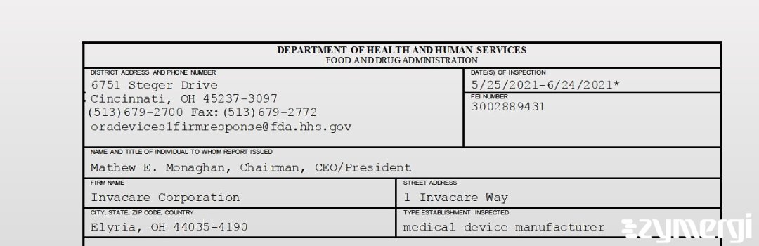 FDANews 483 Invacare Corporation Jun 24 2021 top