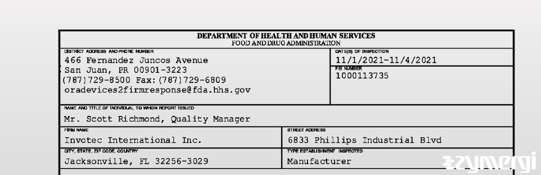 FDANews 483 Invotec International Inc. Nov 4 2021 top
