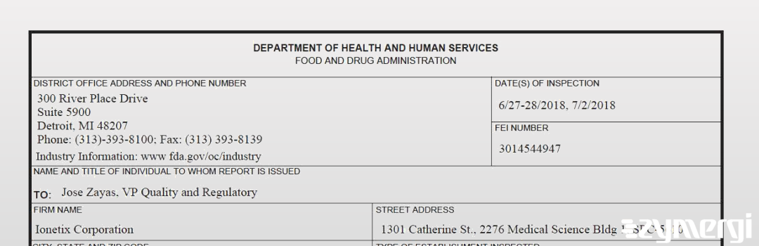FDANews 483 Ionetix Corporation Jul 2 2018 top