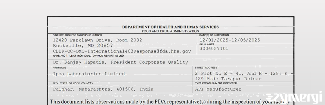 FDANews 483 Ipca Laboratories Limited Dec 5 2025 top