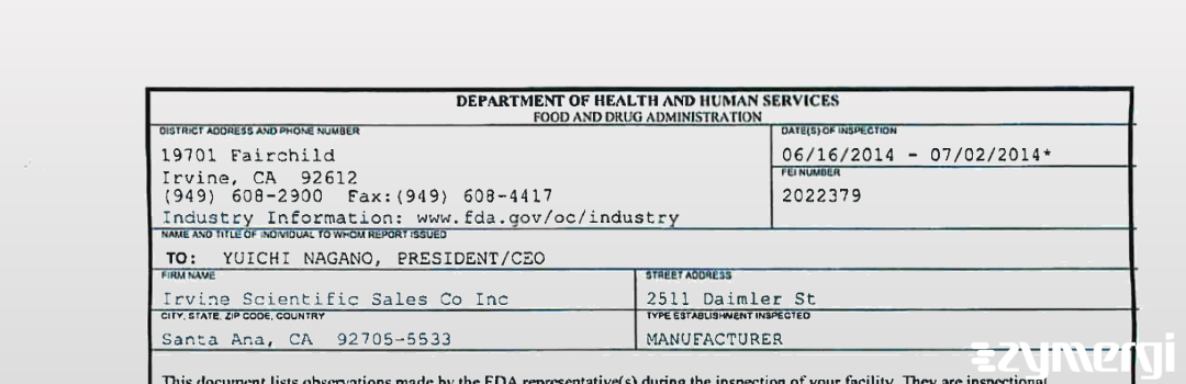 FDANews 483 Irvine Scientific Sales Co Inc Jul 2 2014 top