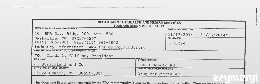 FDANews 483 J. Strickland and Co Nov 26 2014 top