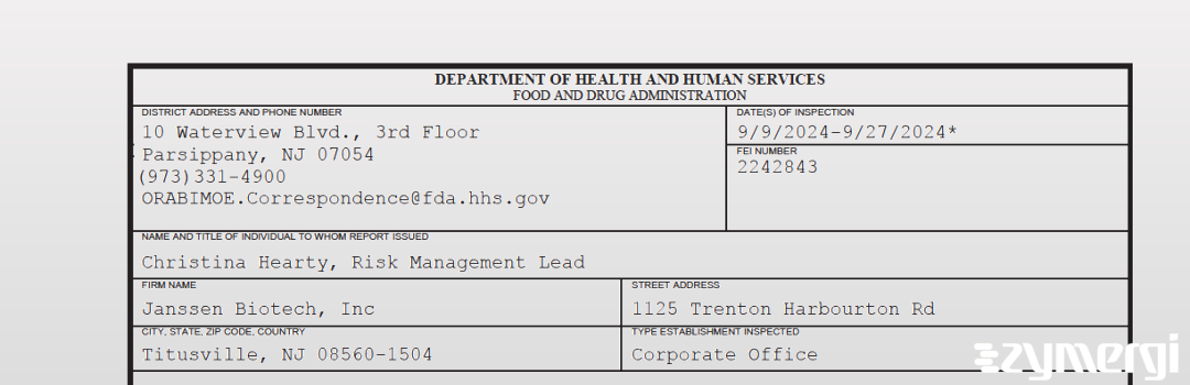 FDANews 483 Janssen Biotech, Inc. Sep 27 2024 top