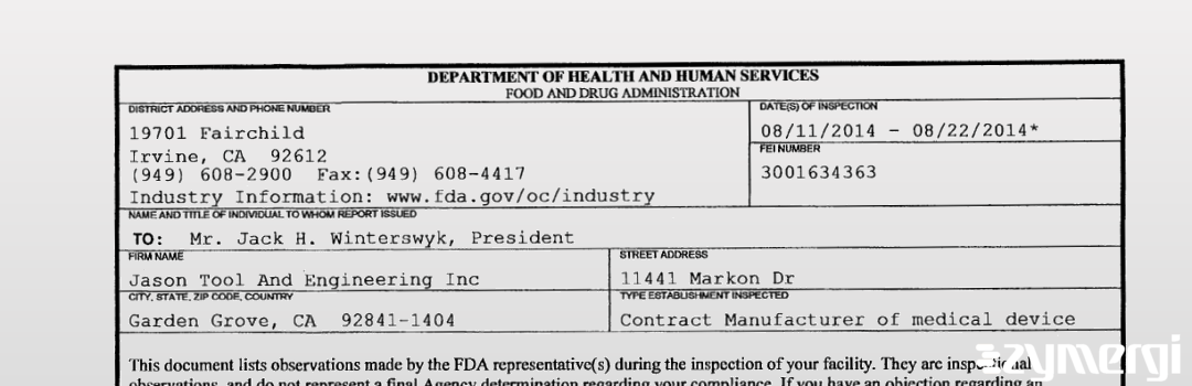 FDANews 483 Jason Tool And Engineering Inc Aug 22 2014 top