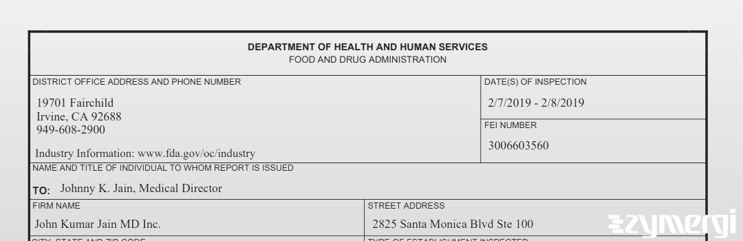 FDANews 483 John Kumar Jain MD Inc. Feb 8 2019 top