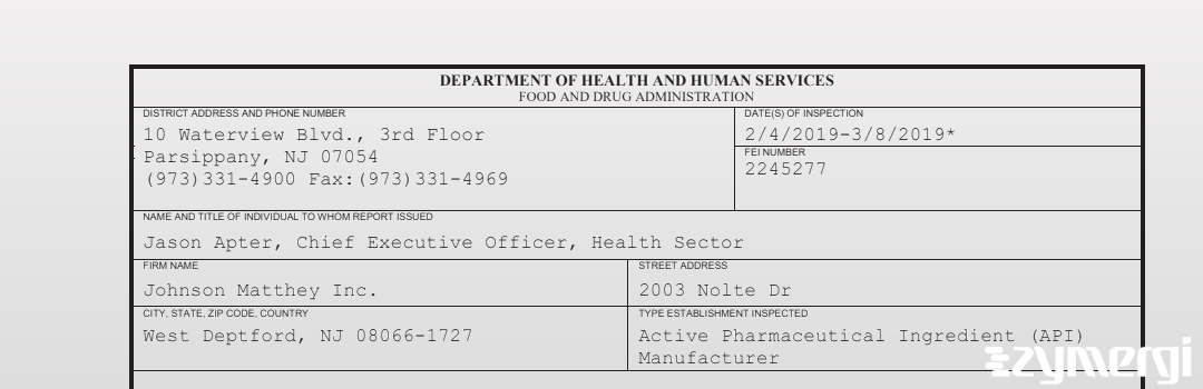 FDANews 483 Johnson Matthey Inc Mar 8 2019 top